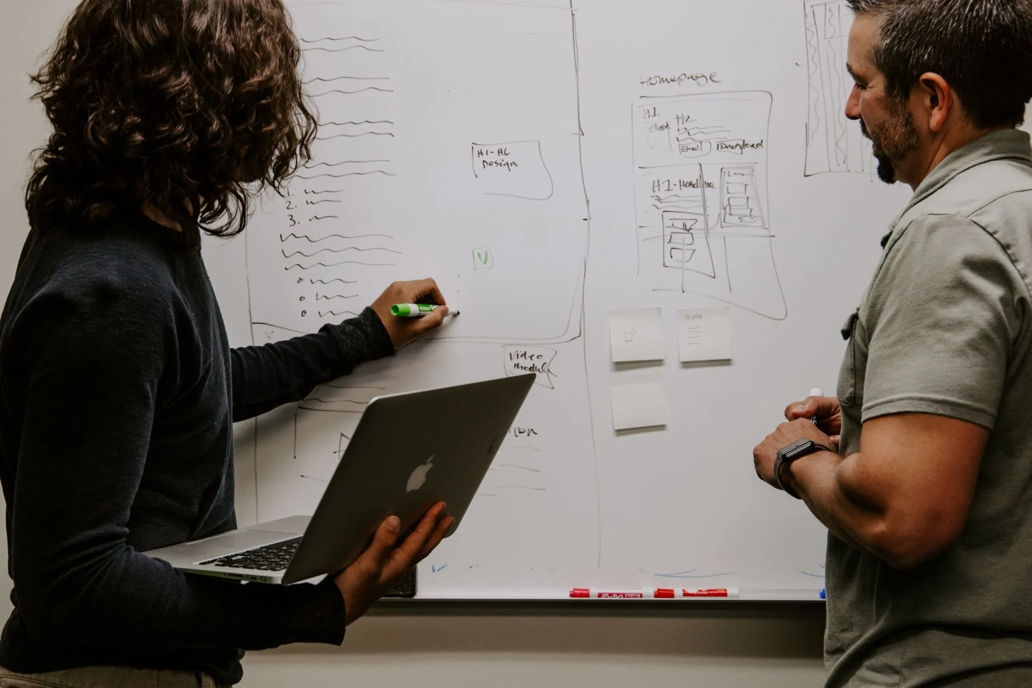 Two people at a whiteboard doing a pre-mortem